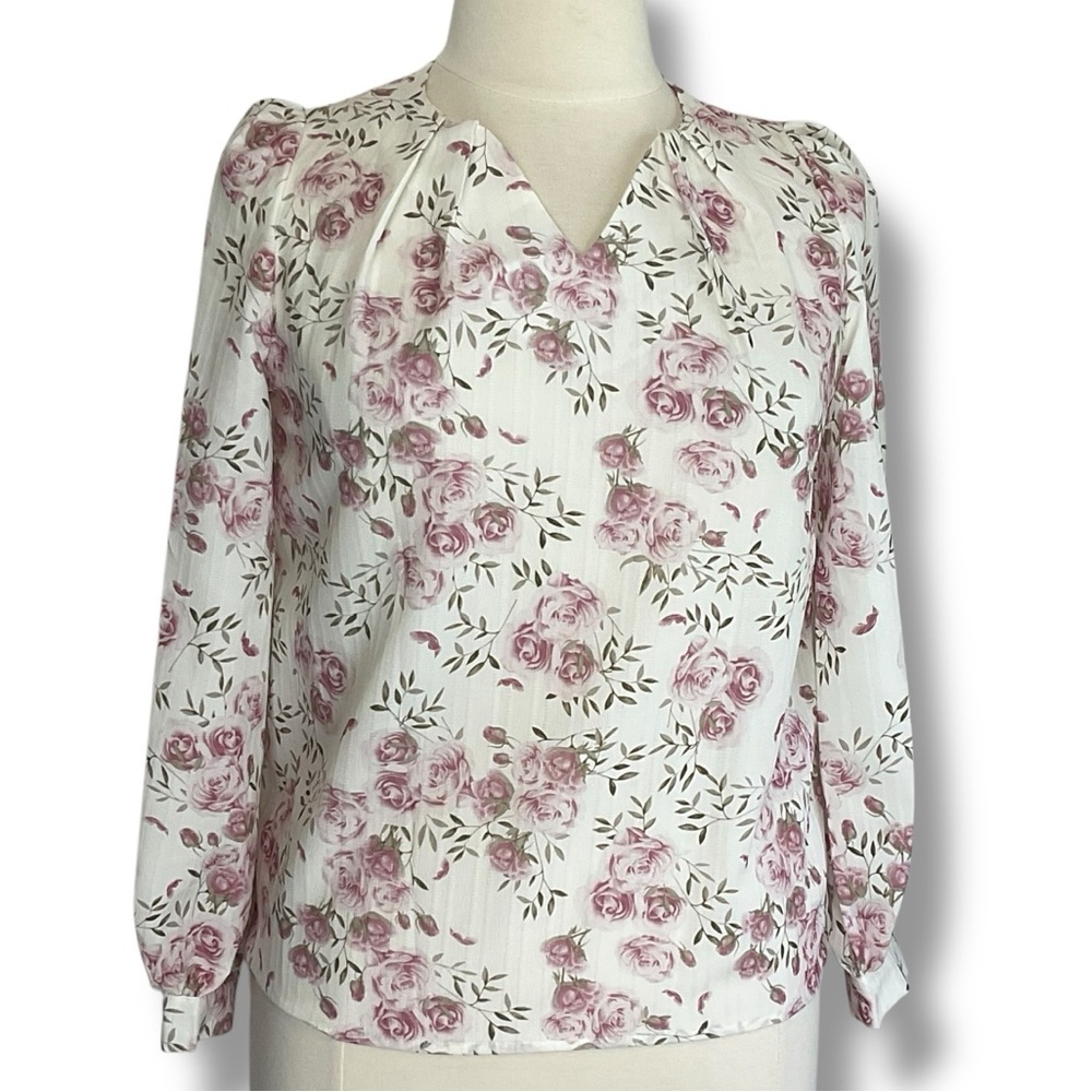 Adrianna Papell Top Floral Print White Pink Roses Longsleeve Blouse Size Large